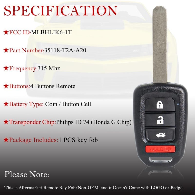 MechanMagic Key Fob Remote Replacement Fits for Honda Civic 2014 2015/Accord 2013-2015 MLBHLIK6-1T Keyless Entry Remote Control Uncut 4 Buttons 315 MHz ID74 G Chip (35118-T2A-A20) - Image 2